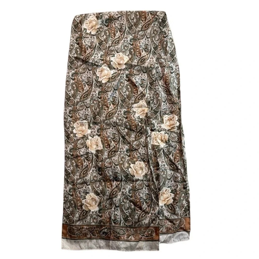 Echo Scarf Brown Olive Green Paisley Floral Rose Print Lightweight Long Wrap